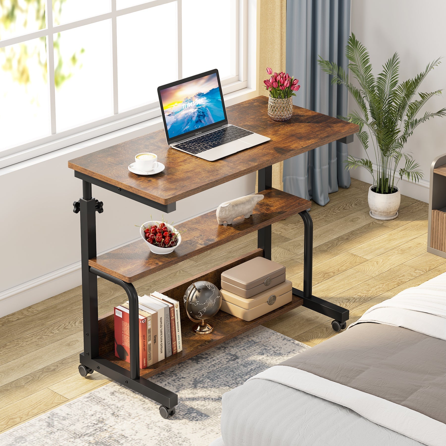 C Table, Height Adjustable Bedside Sofa Table with Wheels Tribesigns